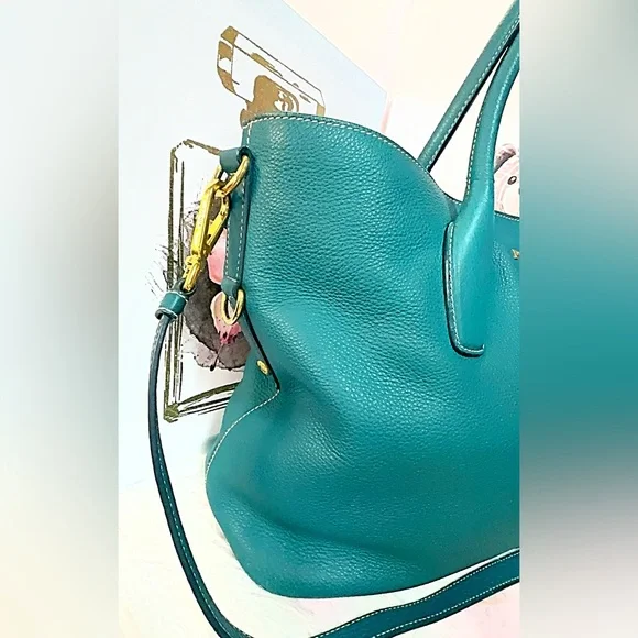 Prada Vitello Daino Leather 2-Way Tote Bag in a teal or green color - Picture 5 of 11